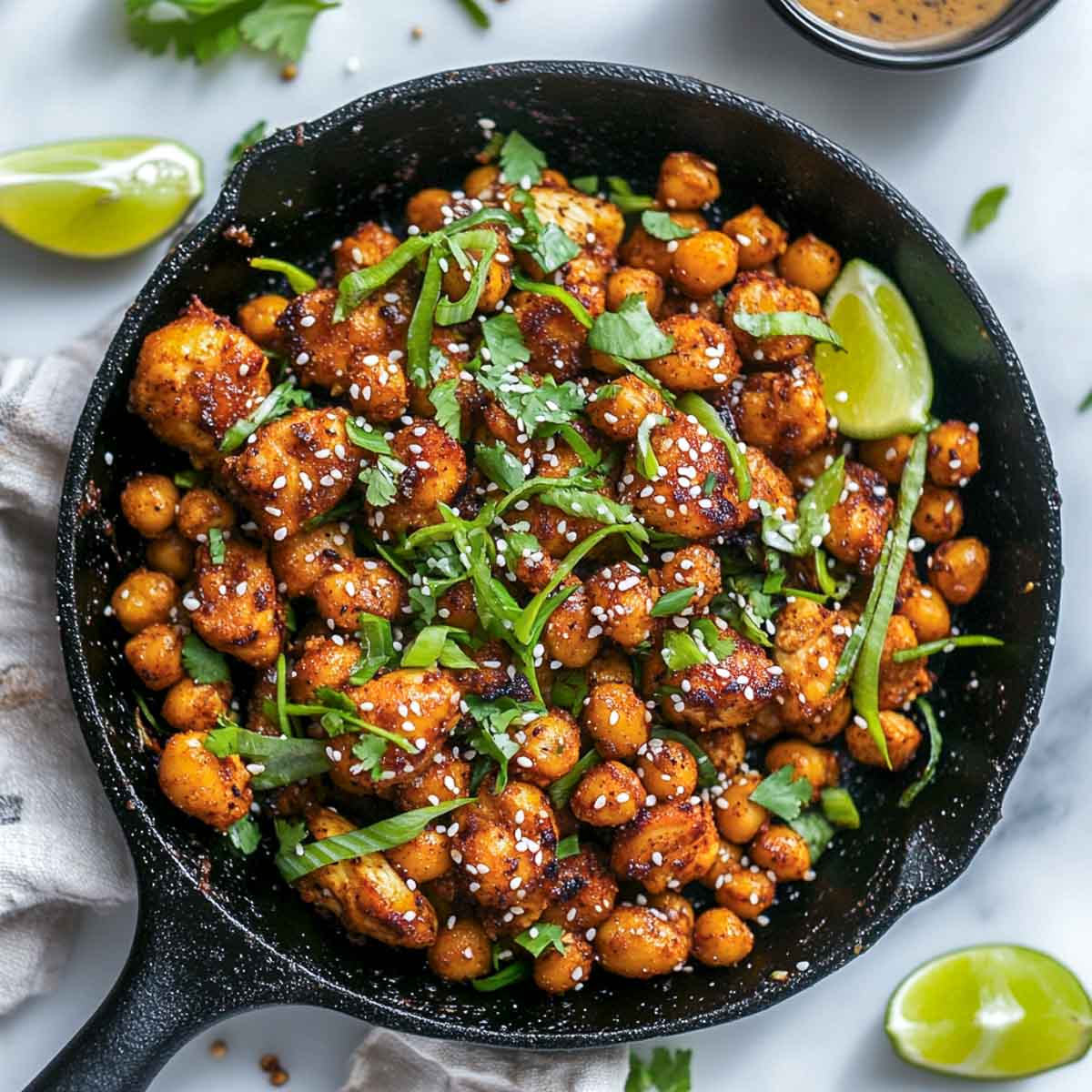 Chinese salt and pepper chicken and chickpeas in a wok.