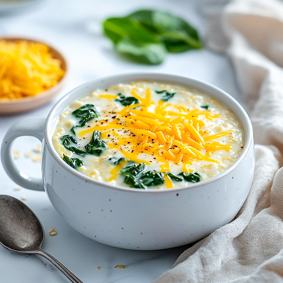 Savory oatmeal with cheese and spinach.