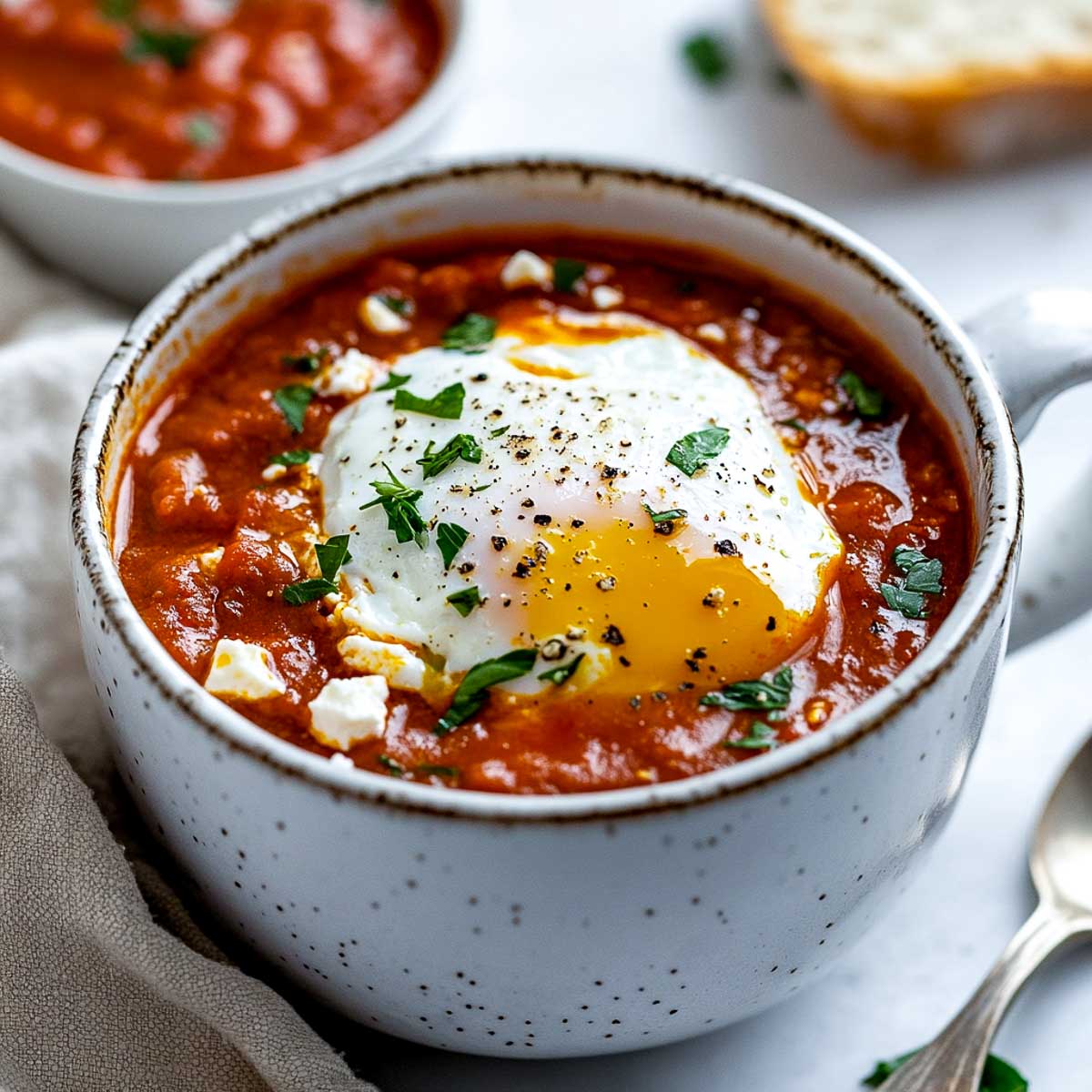 Tomato based shakshuka topped with egg.