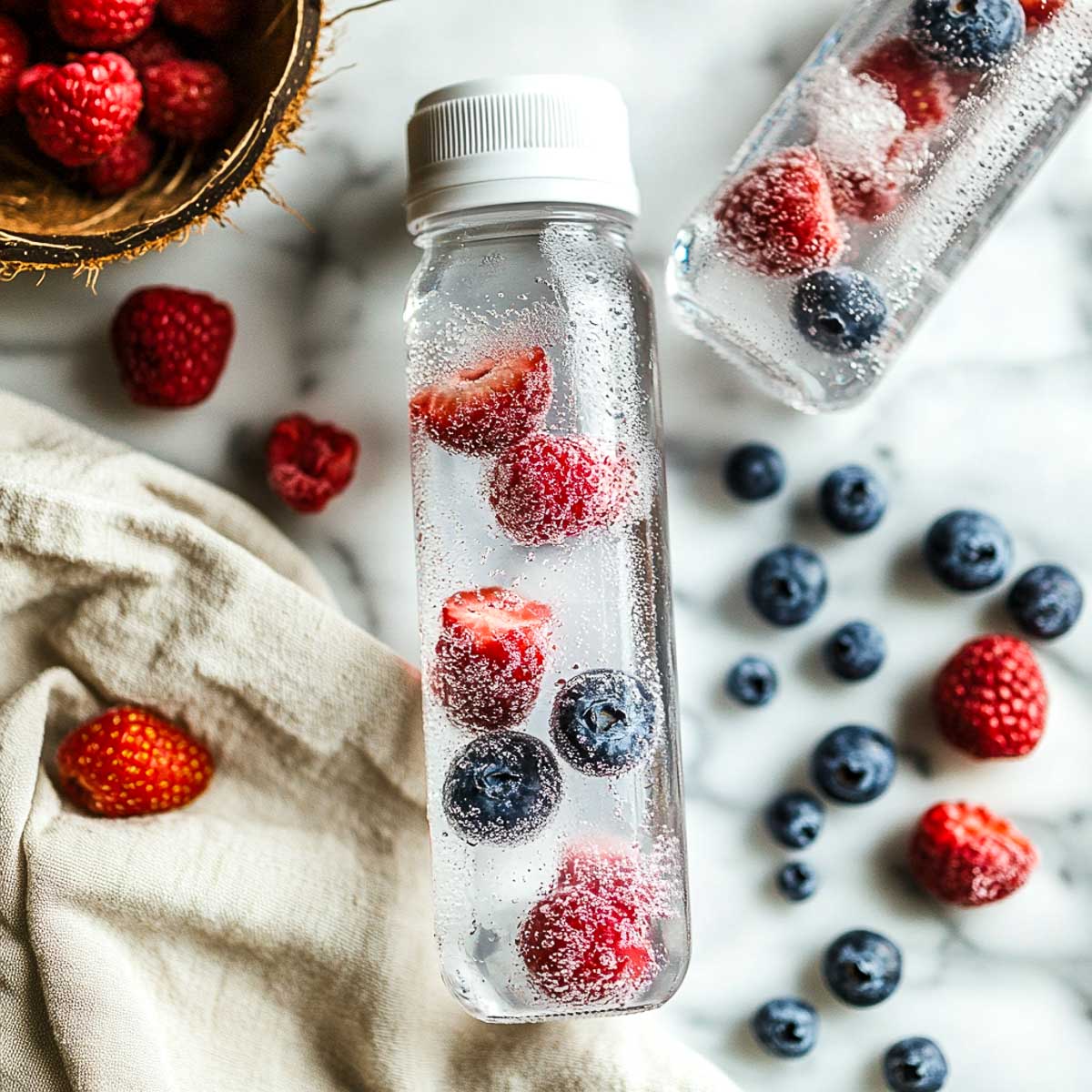Frozen berries added into coconut water.