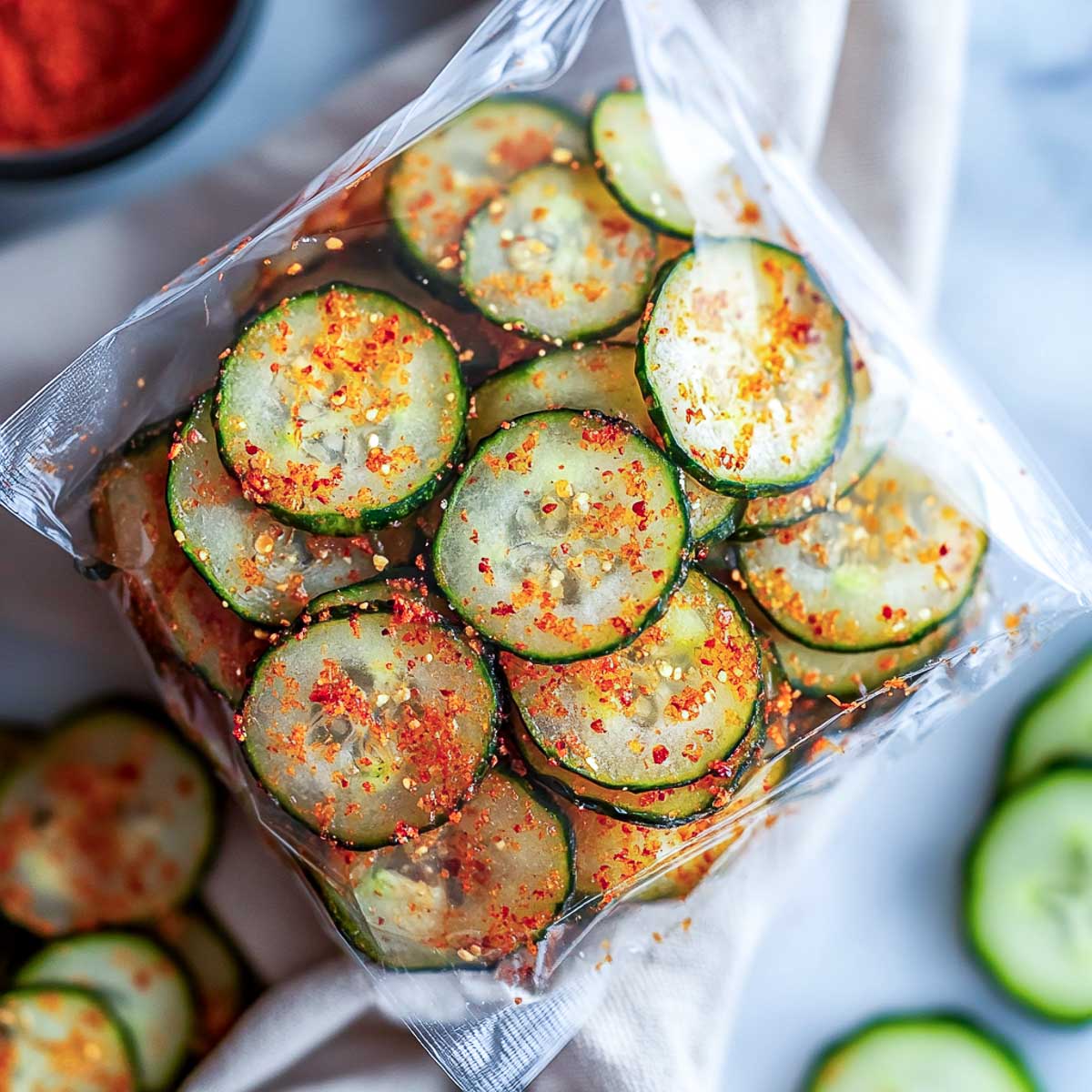 Tajin-spiced cucumber slices.