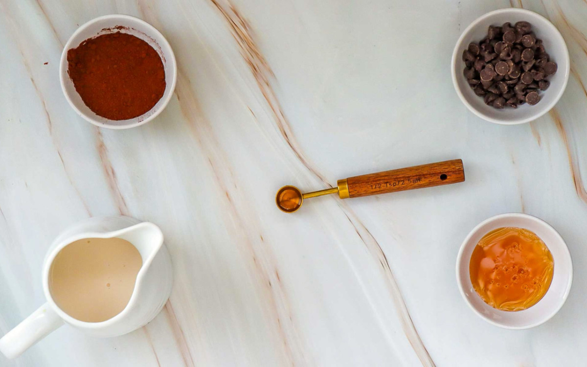Ingredients placed on a brown surface.