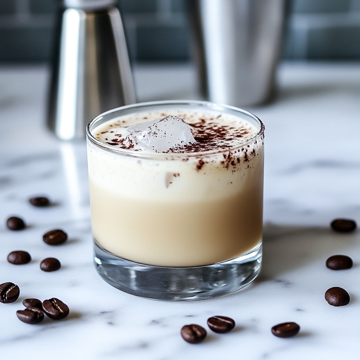 A creamy White Russian cocktail served in a short glass, dusted with cocoa powder, and surrounded by scattered coffee beans on a white marble countertop. A cocktail jigger is visible in the softly blurred background.