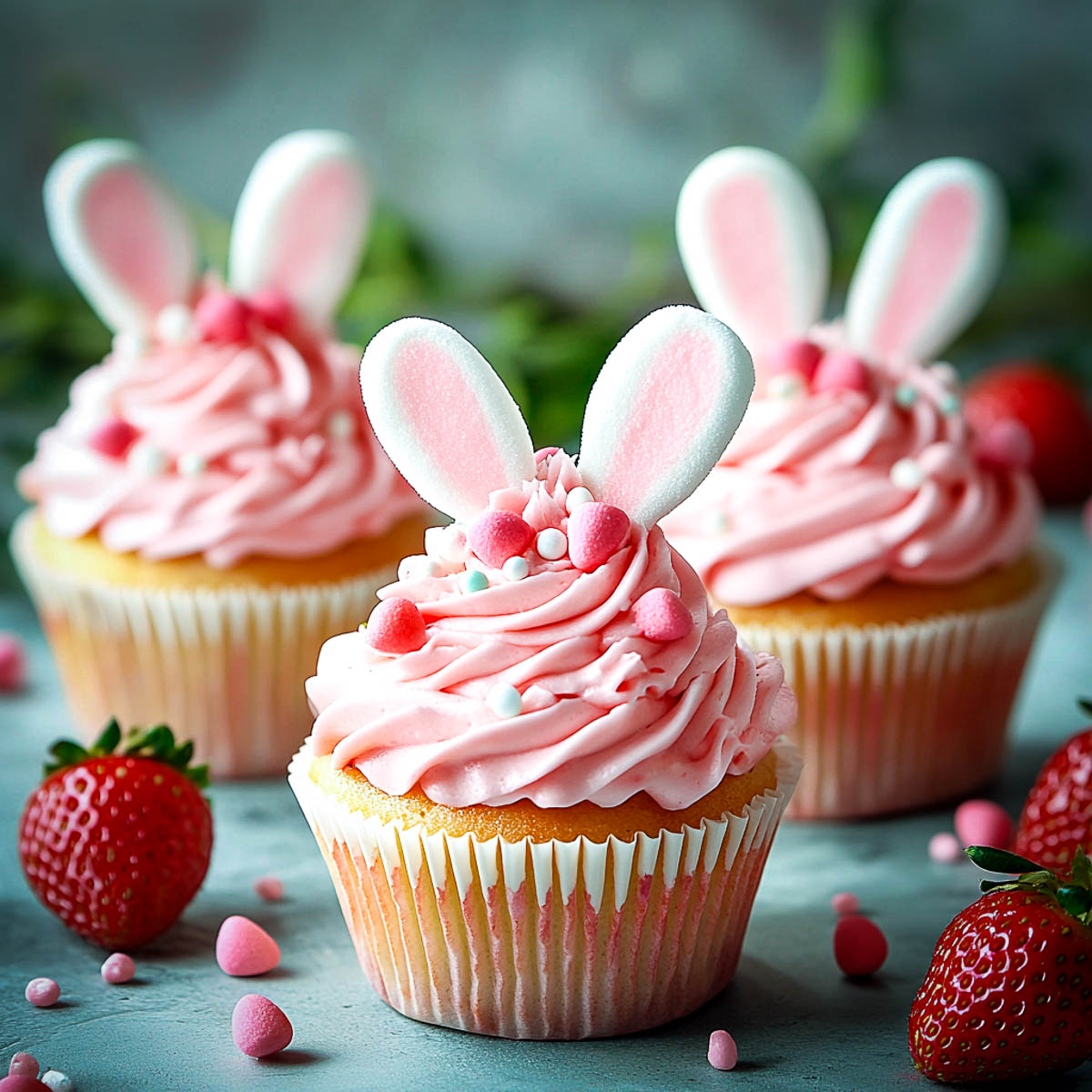 Pink strawberry frosting on vanilla cupcakes with marshmallow ears.