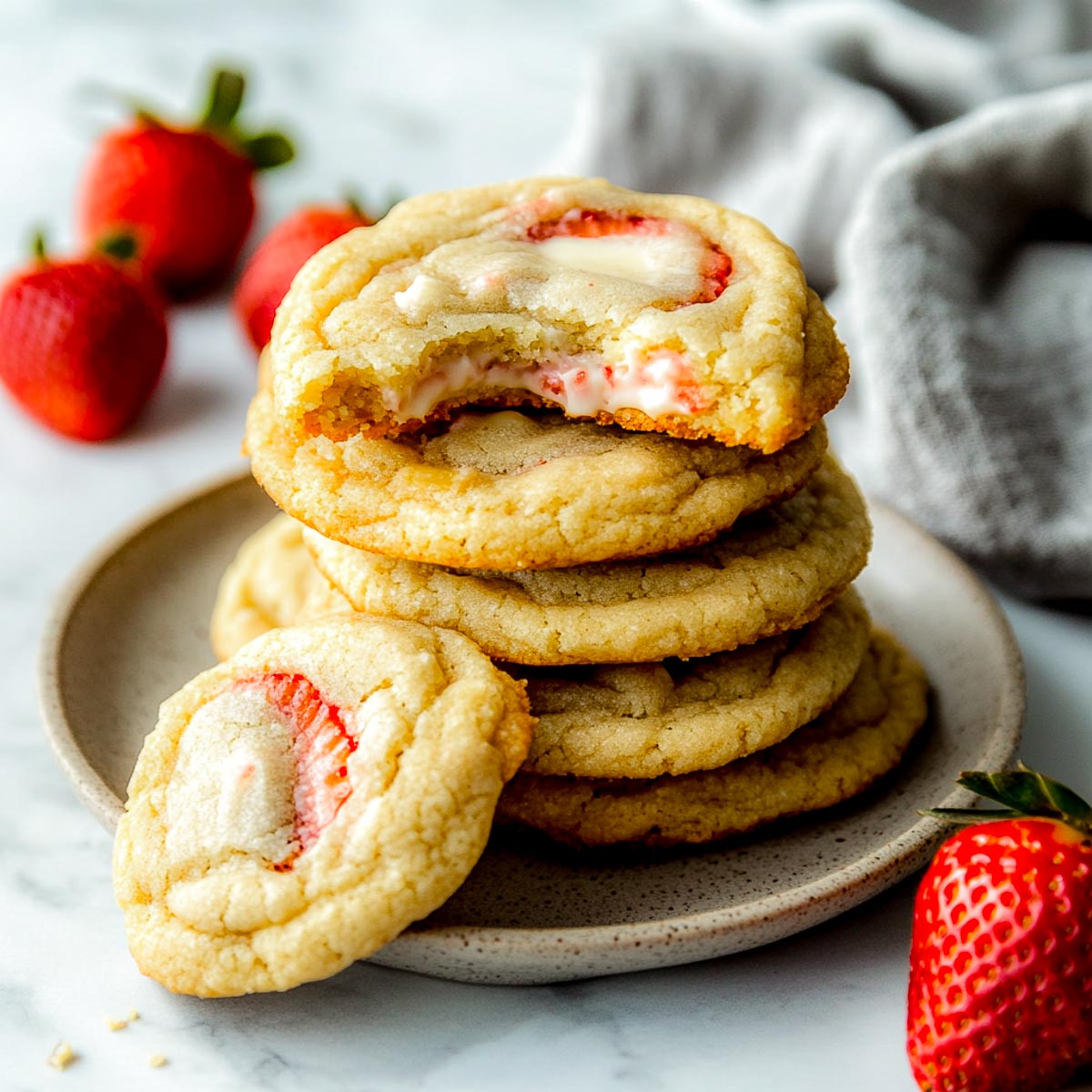A stack of strawberry cheesecake cookies.