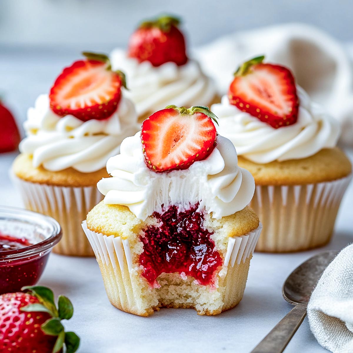 Strawberry cream cupcakes with one cupcake cut to show the filling.