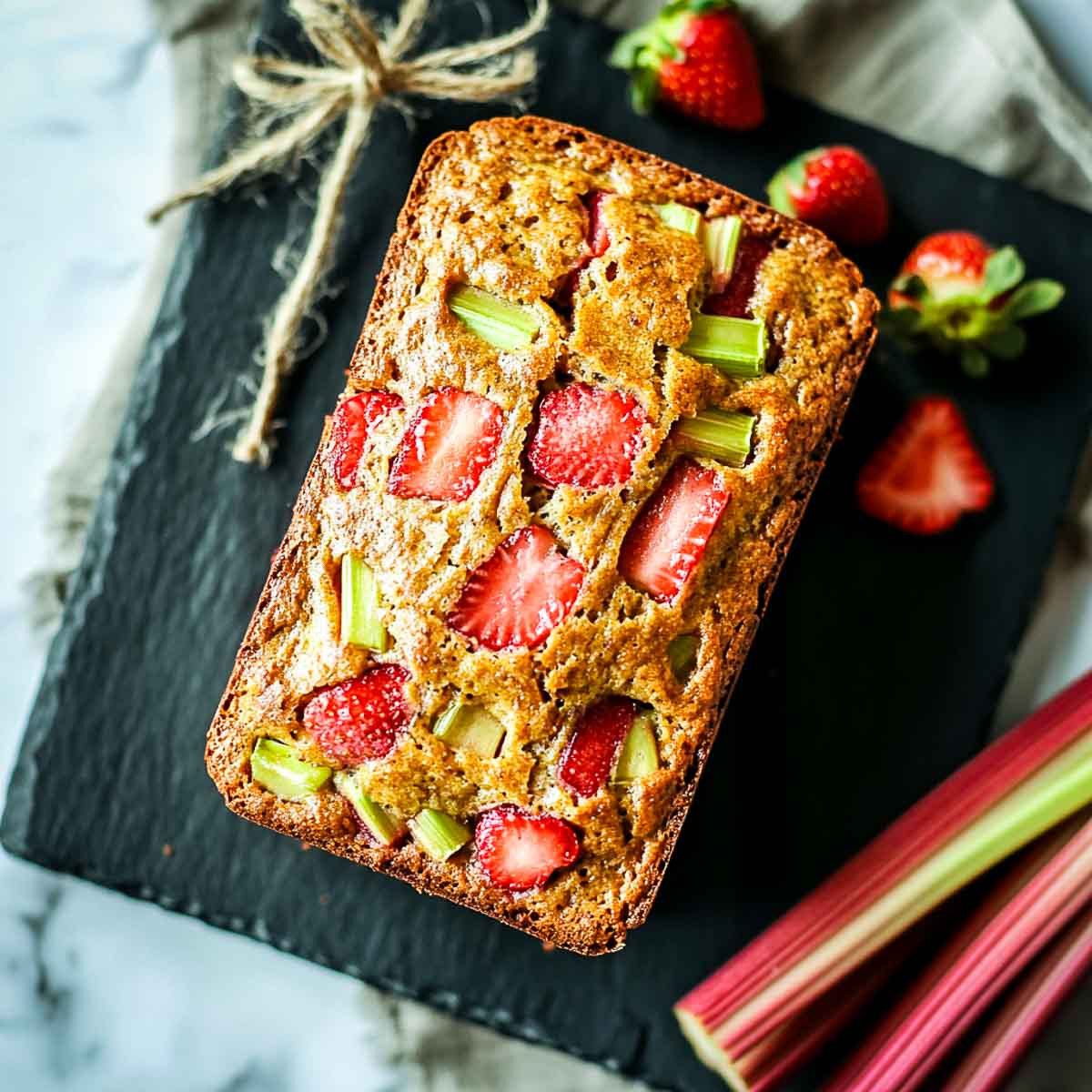 A loaf of freshly baked strawberry rhubarb bread on a black plate.
