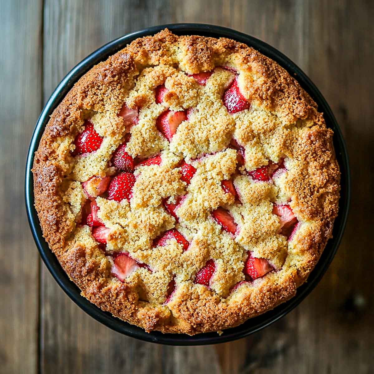 Coffee cake placed on a wooden surface.