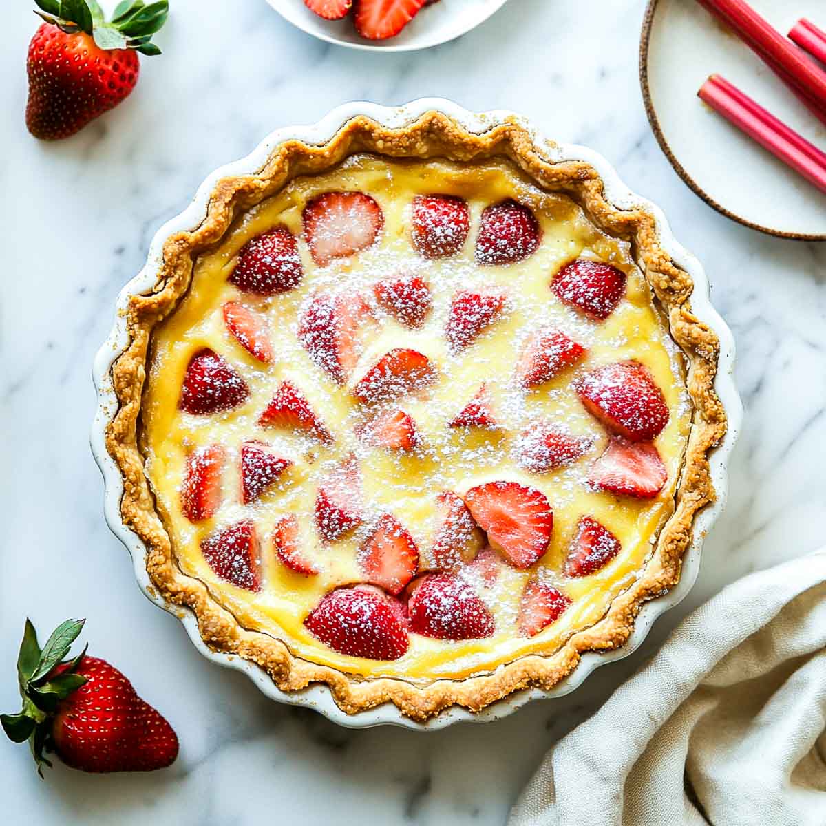 Easy custard tart on a white marble surface.