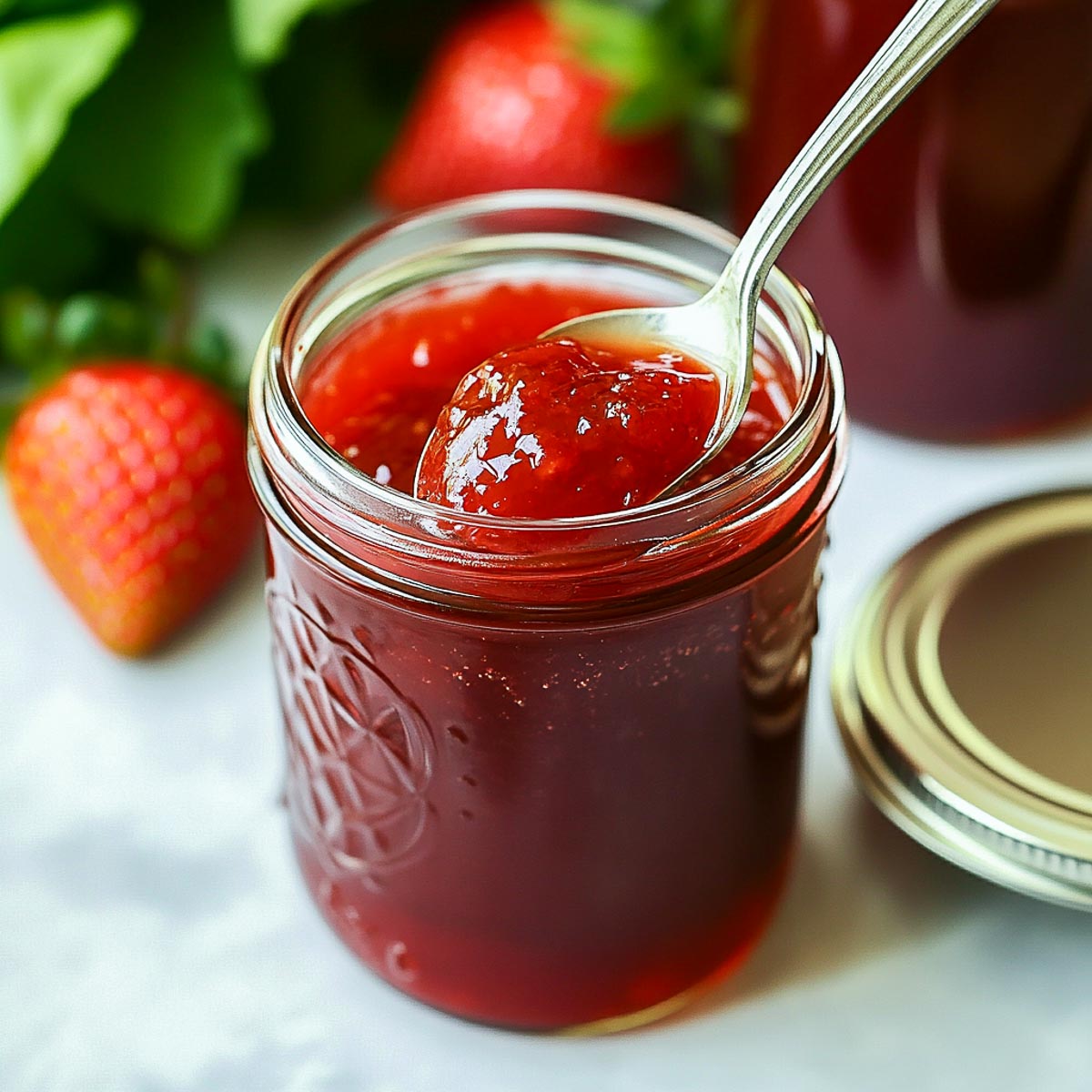 Strawberry rhubarb jelly in a glass jar with strawberries in the background.