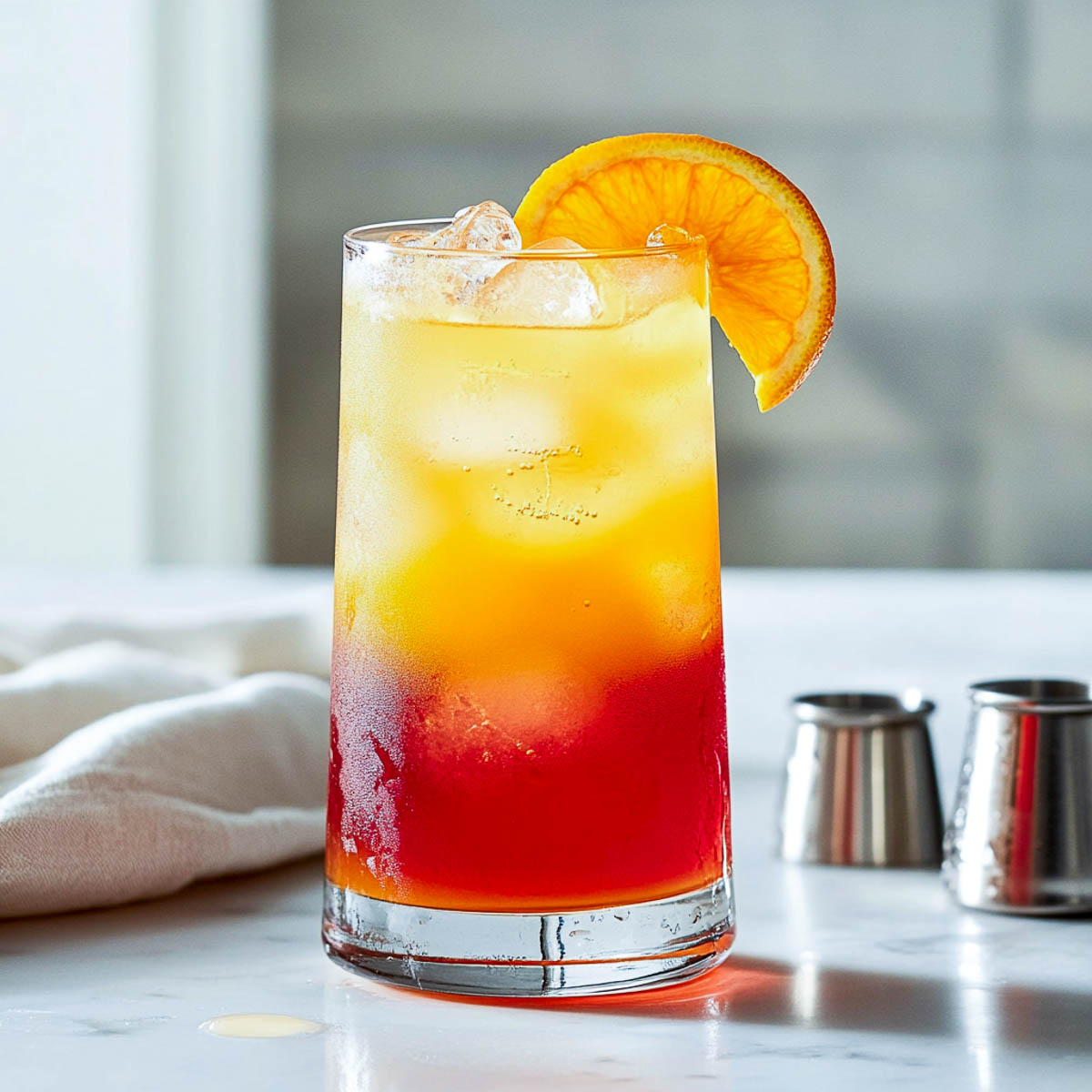 A layered orange-red cocktail in a highball glass, garnished with an orange slice. The drink has a vibrant sunset effect, sitting on a white marble countertop with a few metal jiggers in the background.