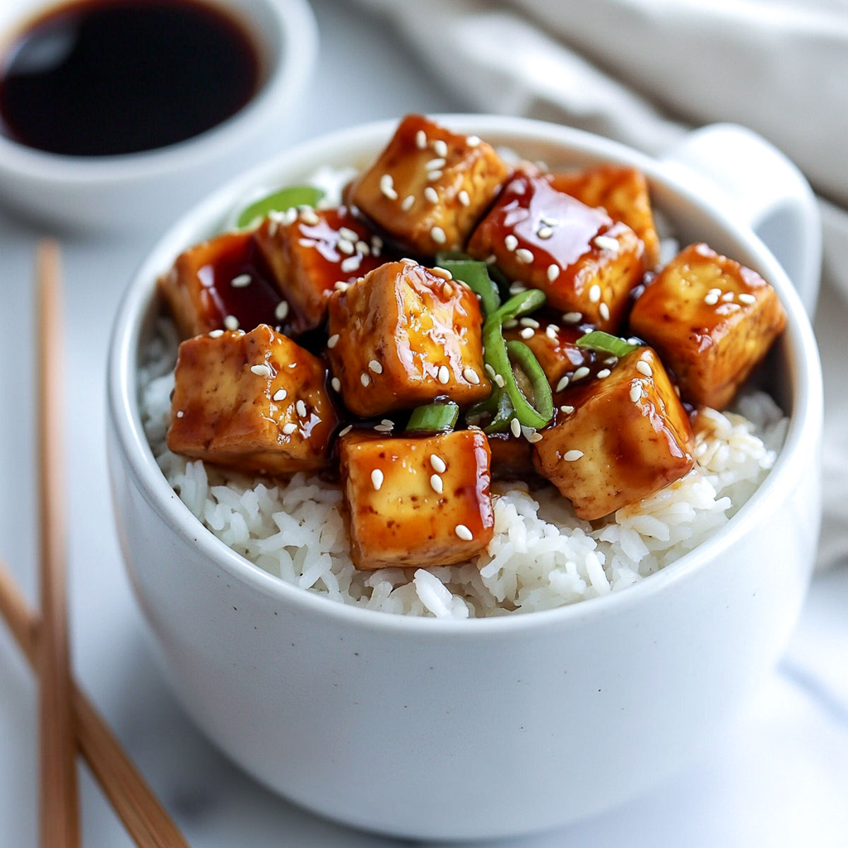 Teriyaki tofu on a bed of rice with soy sauce in the background.
