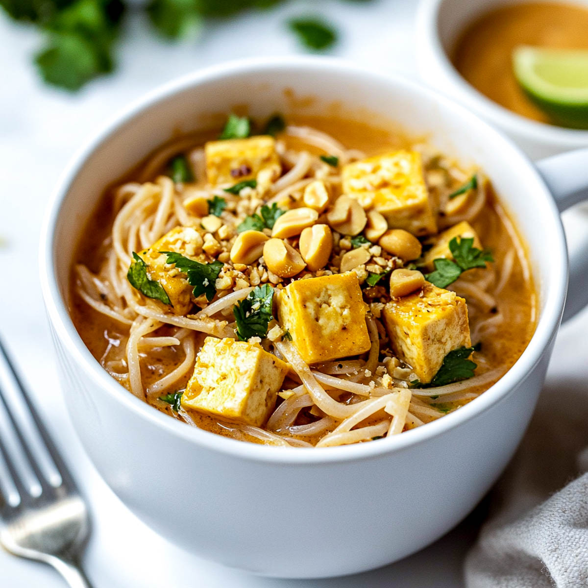 Thai noodles with tofu made in a mug.
