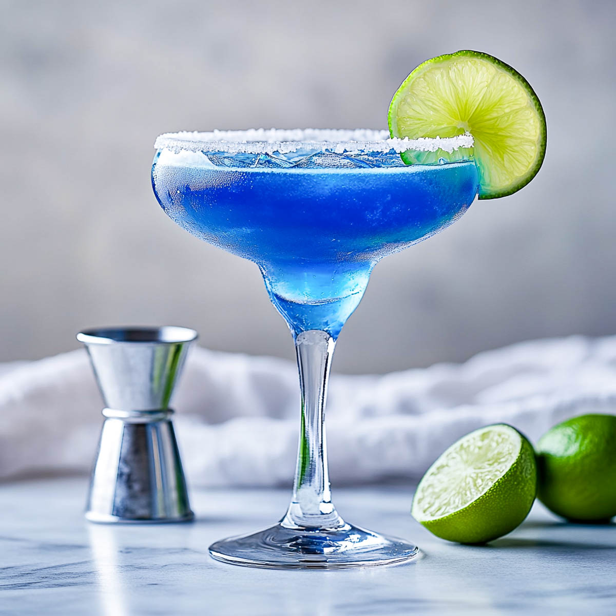 A bright blue margarita served in a classic margarita glass with a salted rim and a lime wheel garnish. The drink sits on a white marble surface, with fresh limes and a cocktail jigger in the background, softly blurred.