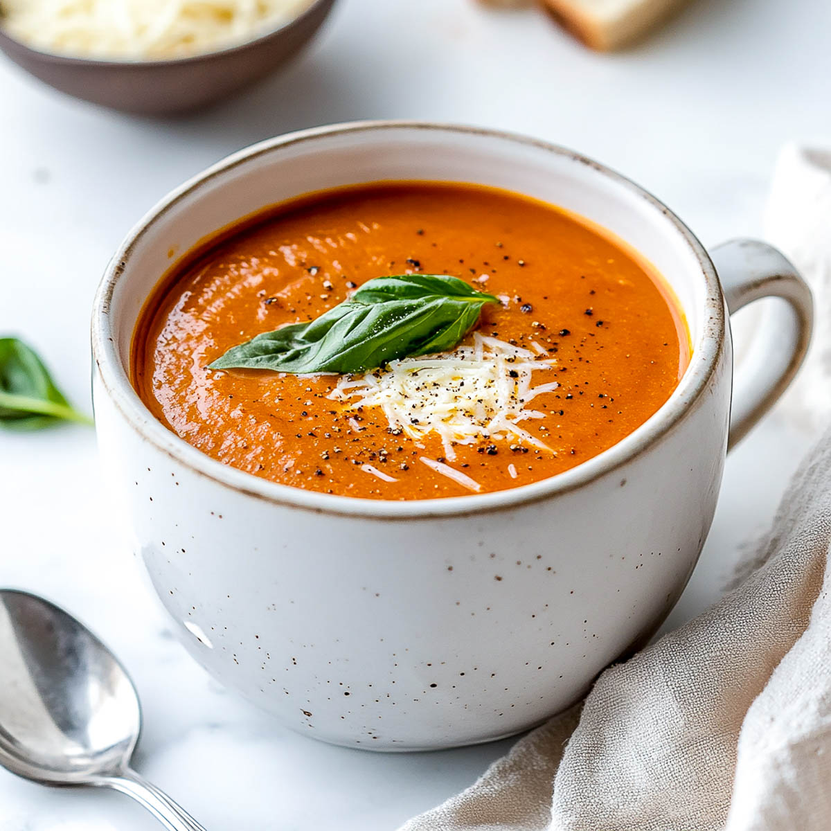 Tomato basil soup topped with parmesan and basil leaves.
