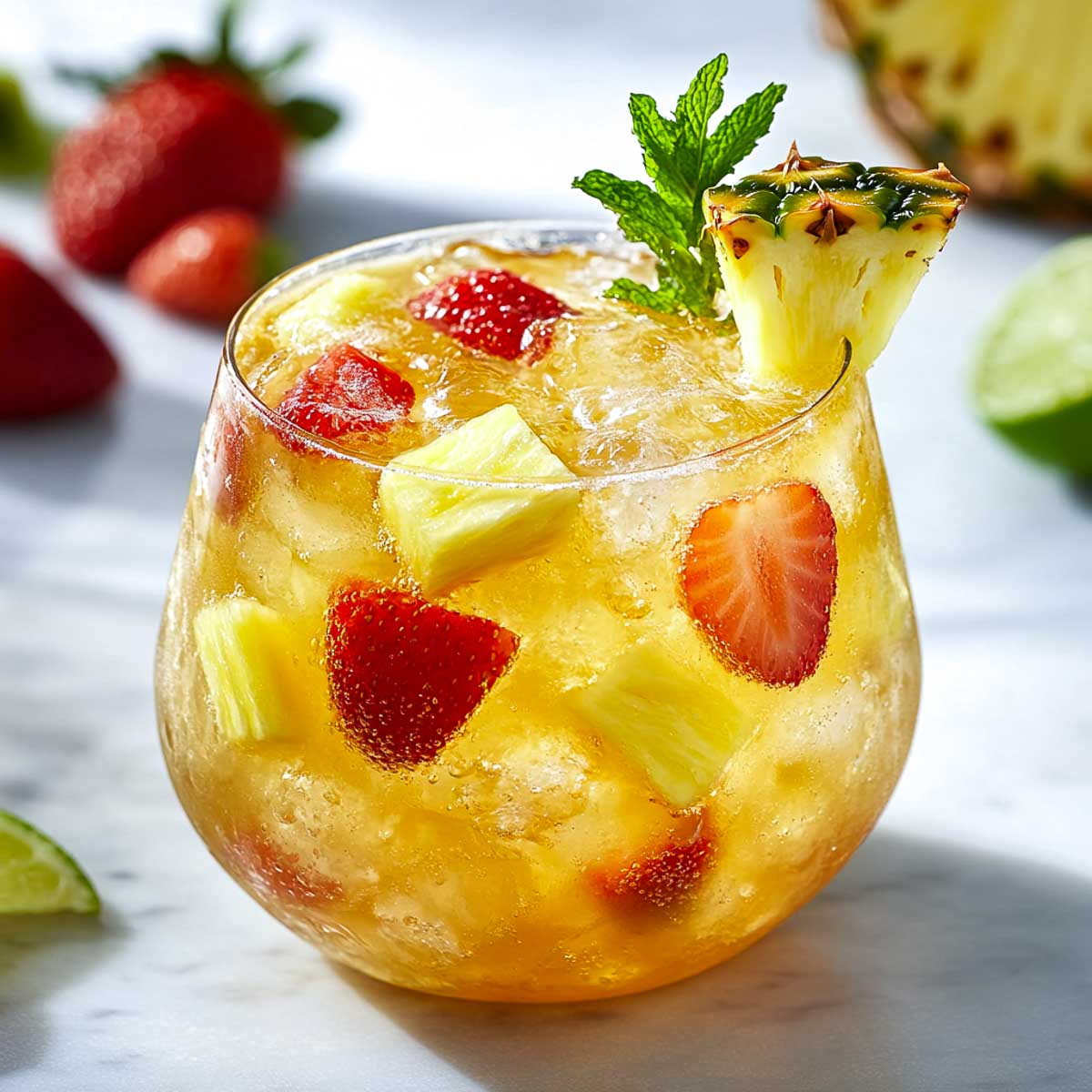 Tropical Bourbon breeze rocks glass placed on a marble surface with strawberries and pineapple chunks in the background.