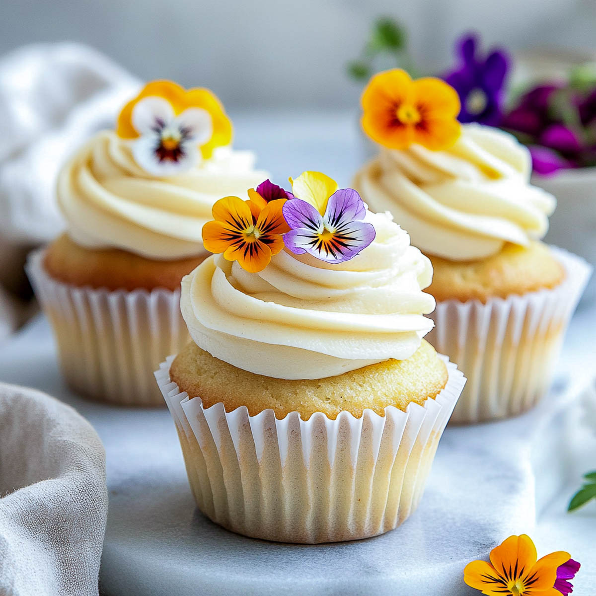 Vanilla frosting decorated with edible flowers.