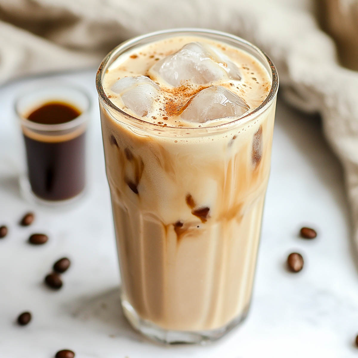 Vanilla protein iced latte served in a tall glass.