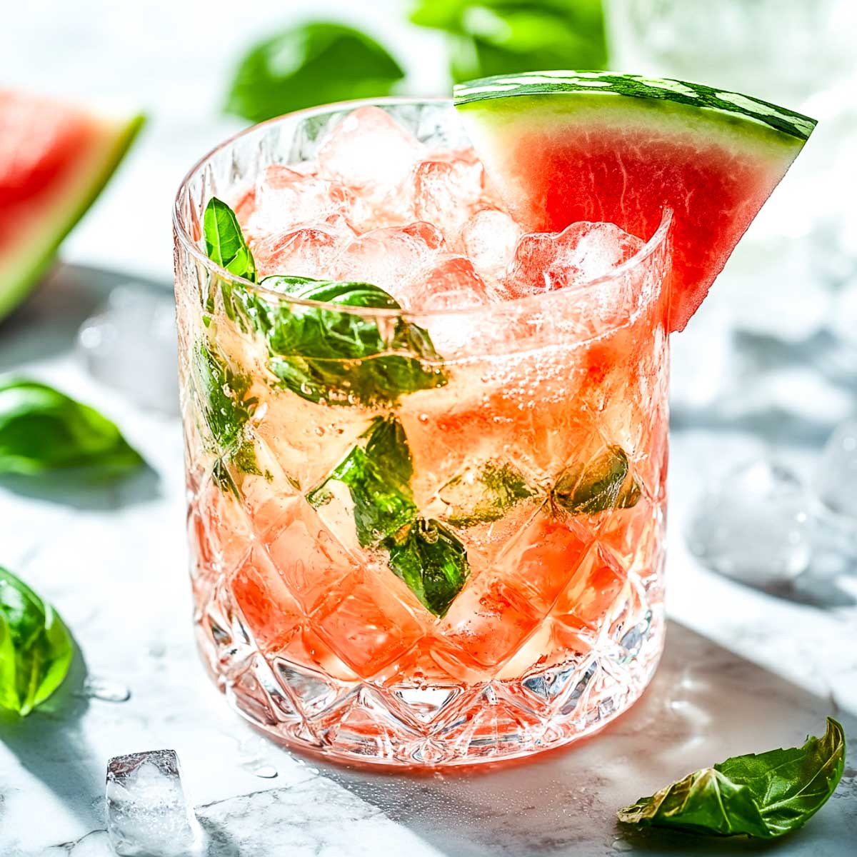 Watermelon and basil cooler on a white marble surface.
