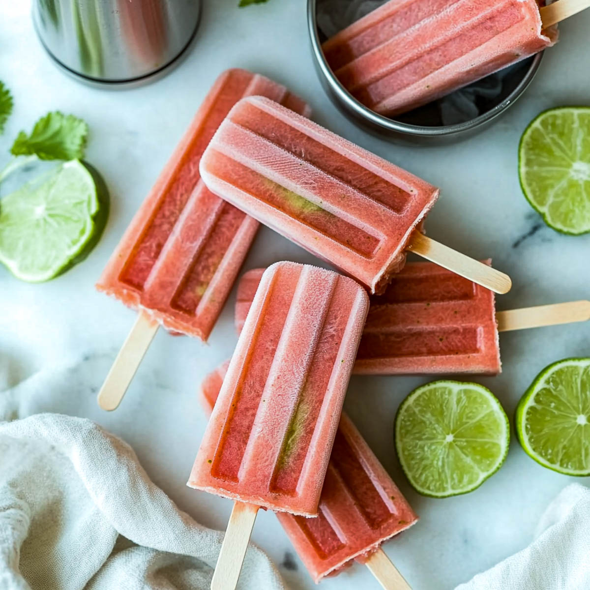 Watermelon and lime popsicles with lim slices in the background.