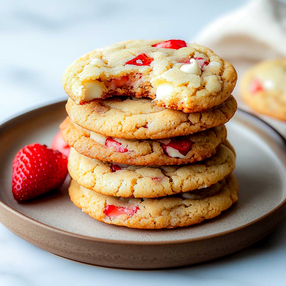 White chocolate and strawberry cookies stacked on a small plate.