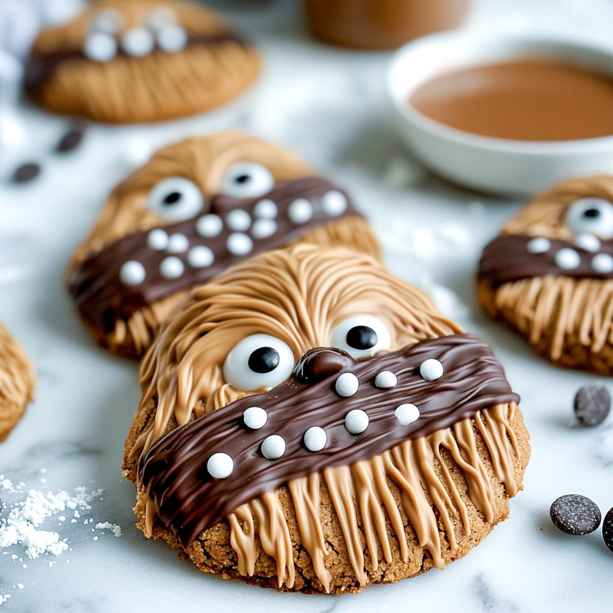 A batch of Chewbacca-inspired Wookie Cookies displayed on a white marble countertop. Each cookie is decorated with piped caramel-colored icing to resemble fur, a dark chocolate bandolier with white candy pearls, large candy eyes, and a chocolate candy nose. A bowl of melted chocolate and scattered chocolate chips are visible in the background. The cookies are golden brown with detailed textures, making them a perfect Star Wars-themed treat.