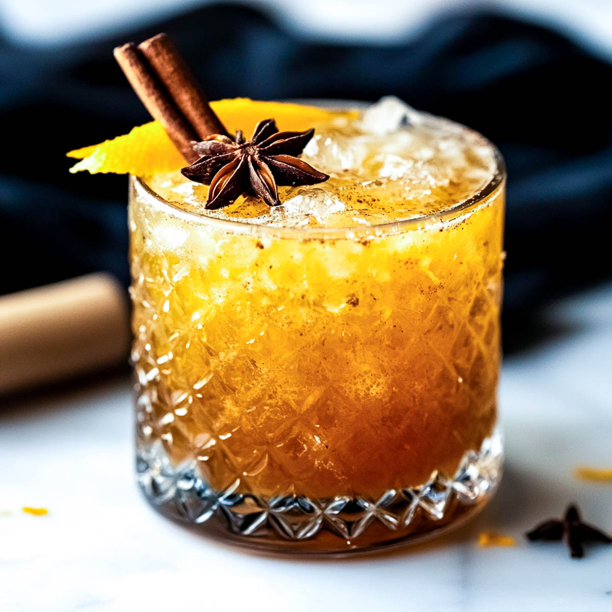 A slightly angled side view of a warm amber-colored bourbon cocktail served in a short, textured glass on a white marble surface. The drink is packed with crushed ice and garnished with a cinnamon stick, a star anise pod, and a curled orange peel. A wooden muddler and black linen napkin rest in the softly blurred background, adding to the rustic, bold aesthetic.
