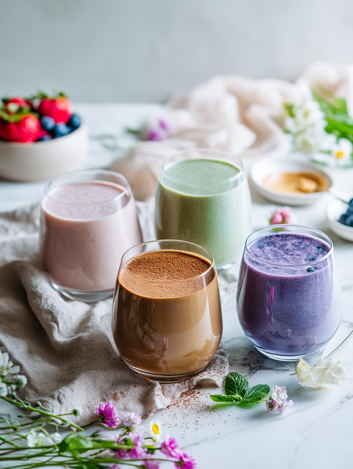 Four dairy-free smoothie glasses on a marble surface with flowers and berries in the background.