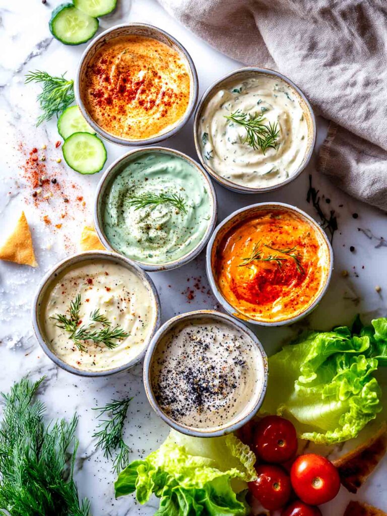Various types of Greek yogurt dips and dressings on a marble surface.