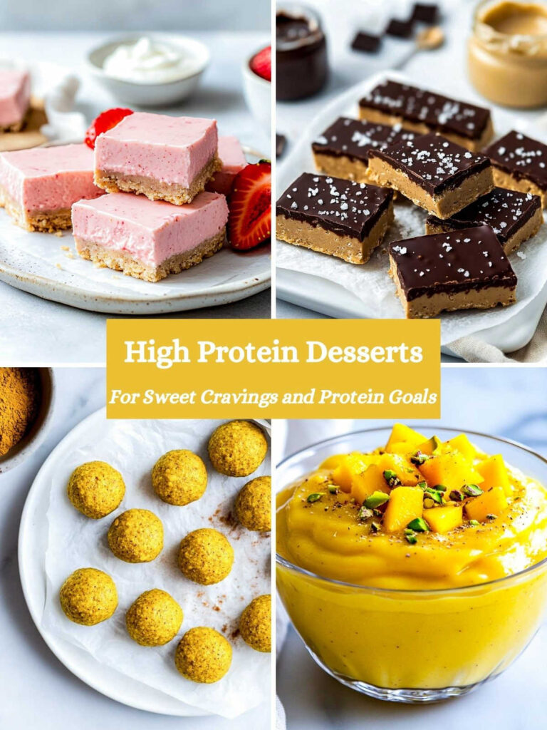 A four-picture collage of high protein desserts.