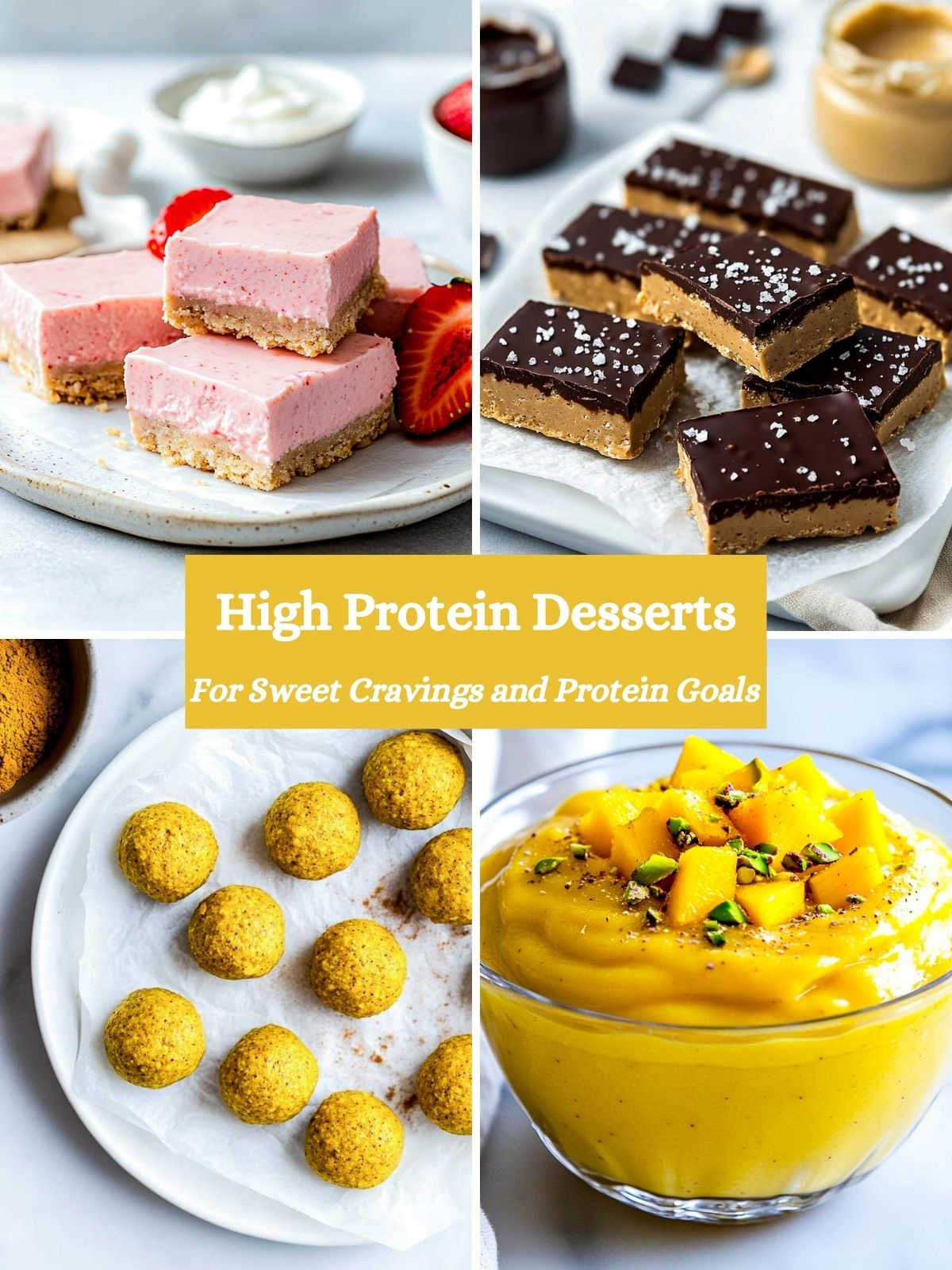 A four-picture collage of high protein desserts.