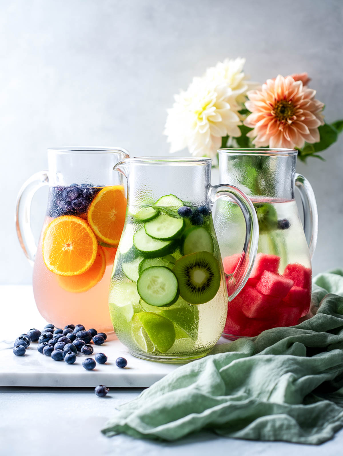 Three jugs filled with three flavors of infused waters.