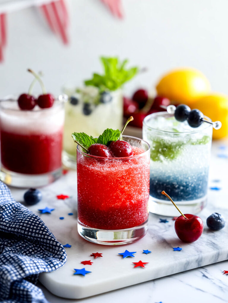 Mocktail table set up for a 4th of July themed party.