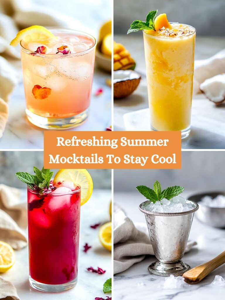 A four-picture collage of summer mocktails.