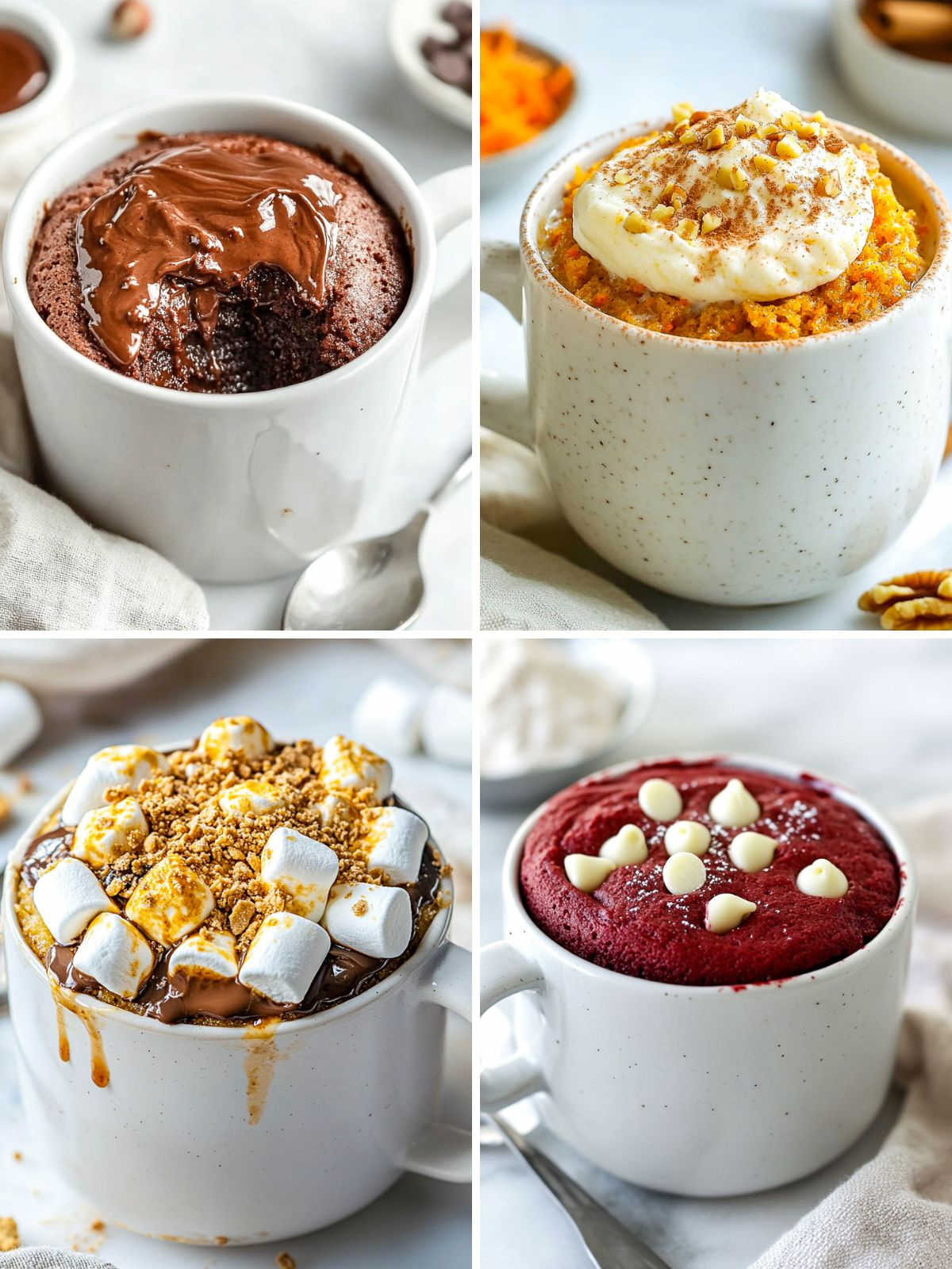 A four-picture collage of microwave mug cakes.