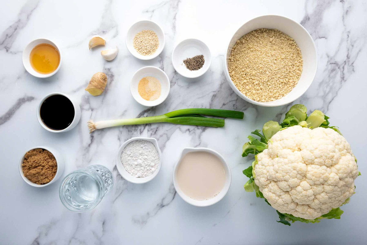 Ingredients placed on a white marble surface.