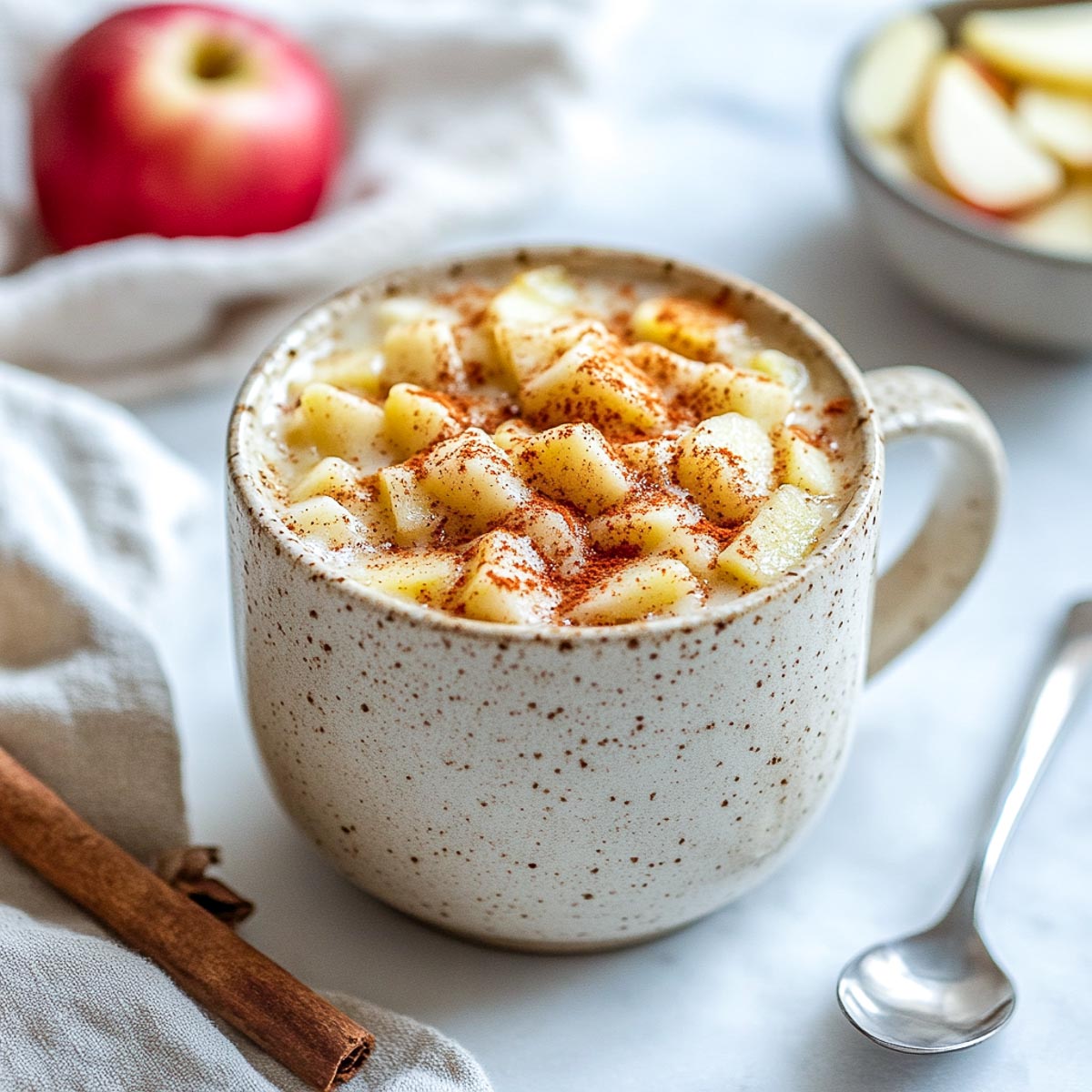 Apple cinnamon mug cake topped with diced apples and cinnamon in speckled mug.