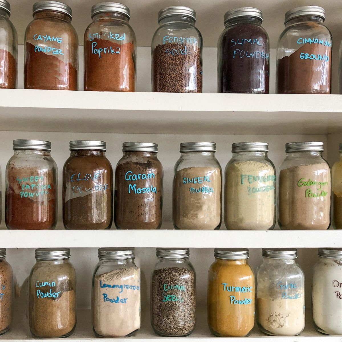 A kitchen cabinet full of spice jars.