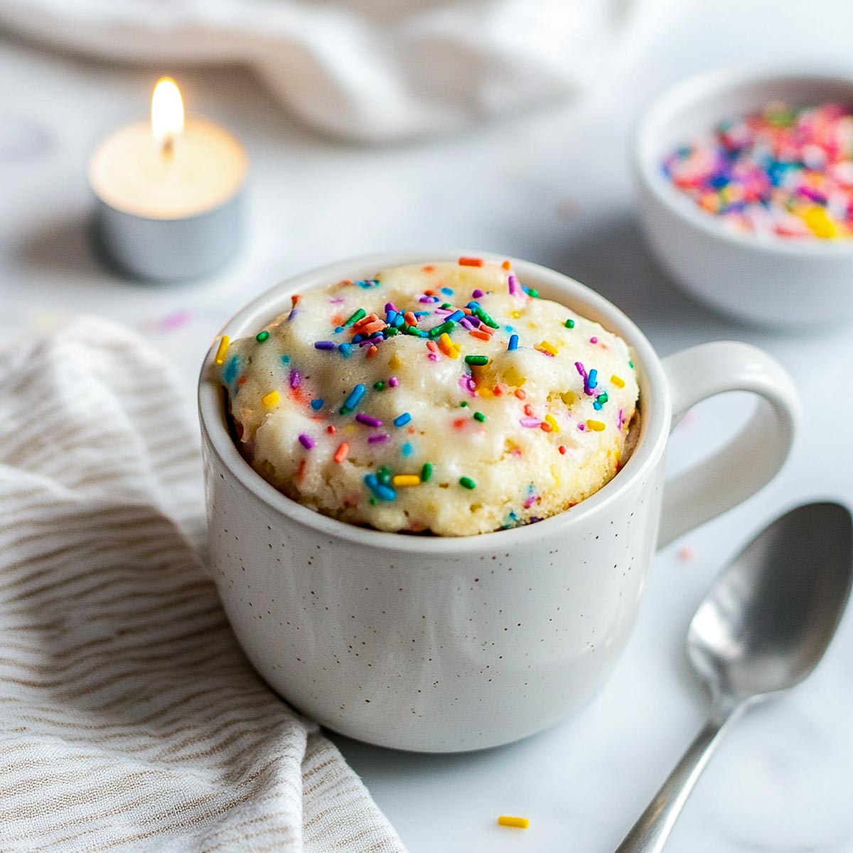 Birthday cake mug cake with rainbow sprinkles in white mug on marble.