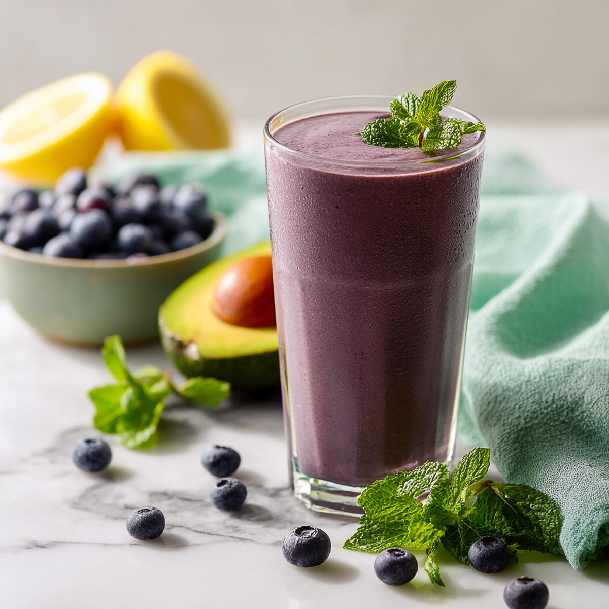 Blueberry avocado smoothie with lemon, mint, and berries on marble surface.