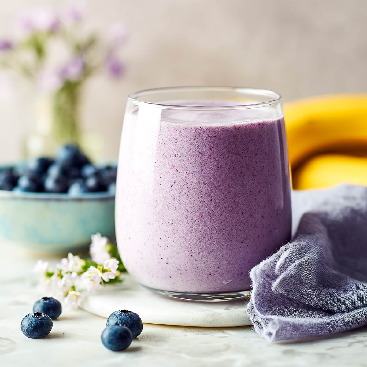 Blueberry banana smoothie topped with chia seeds on white marble background.