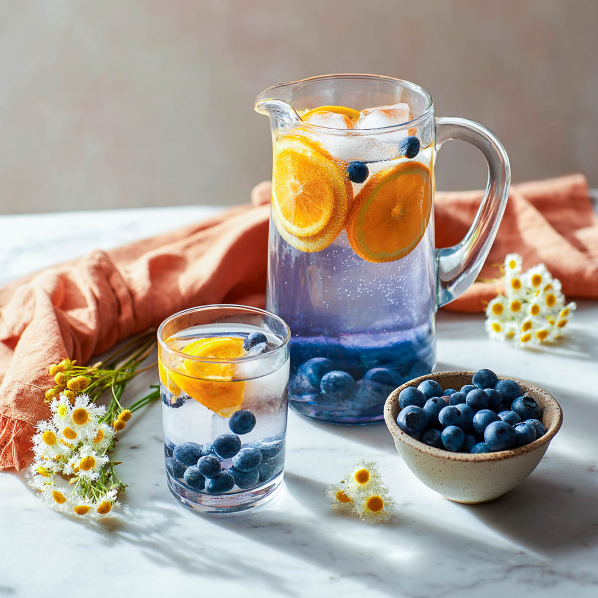 Blueberry orange infused water in a clear pitcher and glass, with a soft purple tint, chamomile flowers, and an orange napkin on white marble.