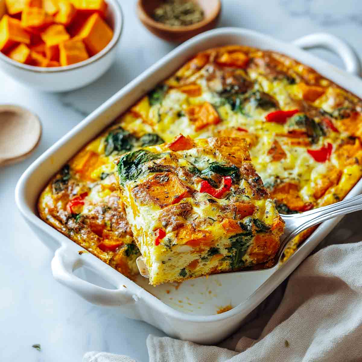 Slice of breakfast casserole lifted from dish, showing layers of sweet potato, spinach, and eggs.