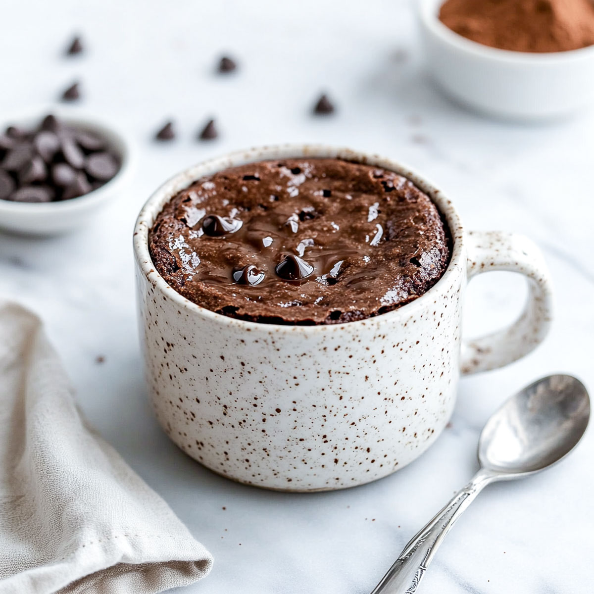 Brownie mug cake with melty chocolate chips in speckled mug on marble.