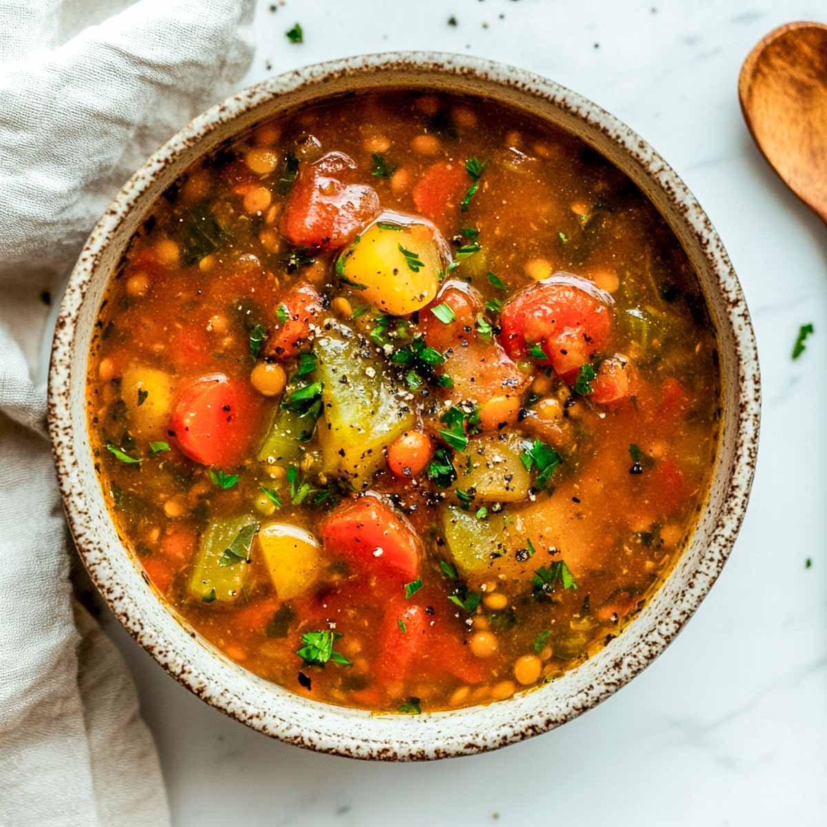 A bowl of vegan lentil stew on a white marble surface.
