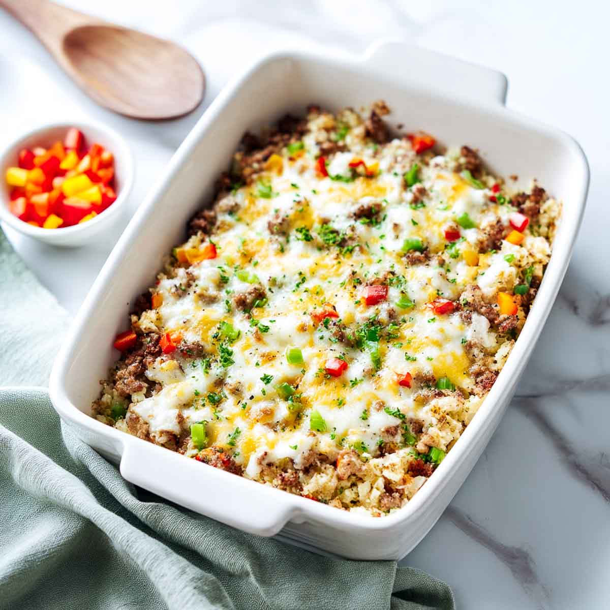 Cauliflower rice casserole with ground turkey, cheese, and bell peppers.