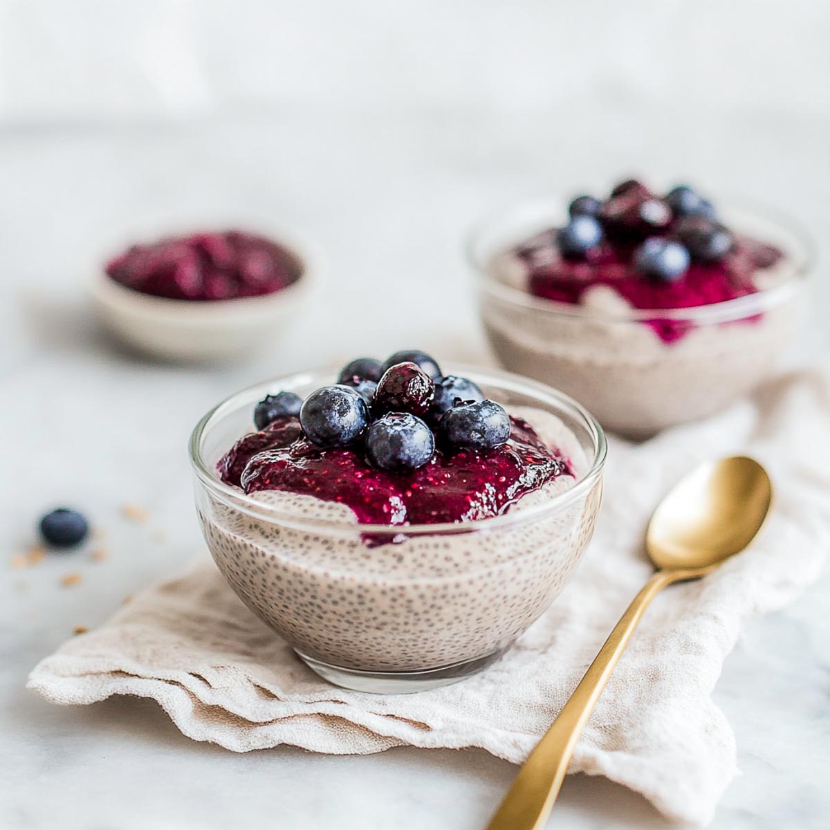 Chia pudding topped with berry jam.