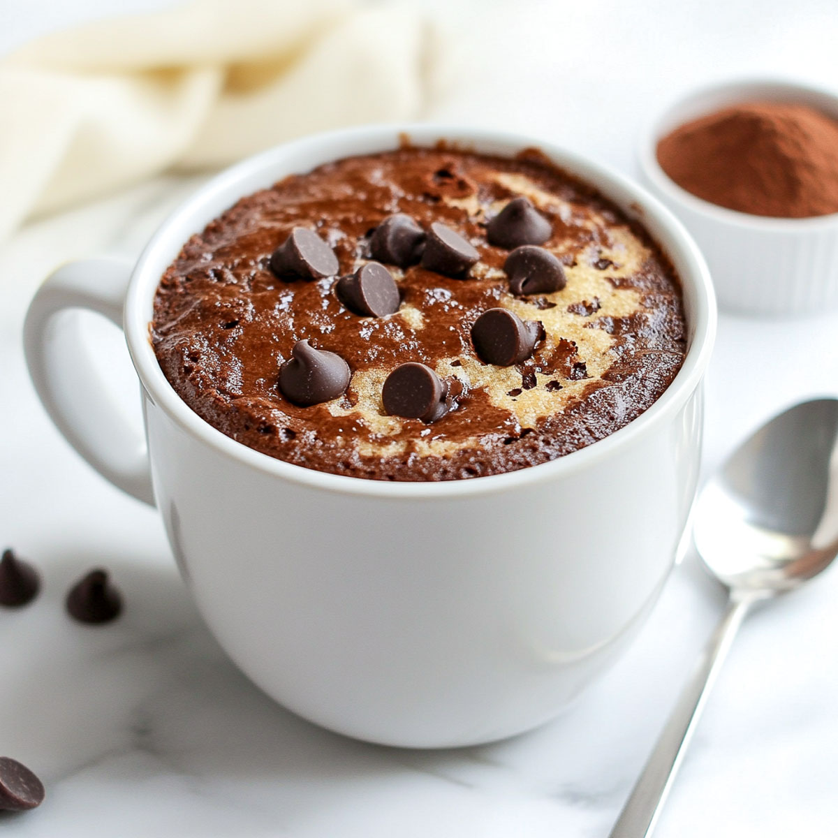 Chocolate protein mug cake on a white surface with a spoon in the side.