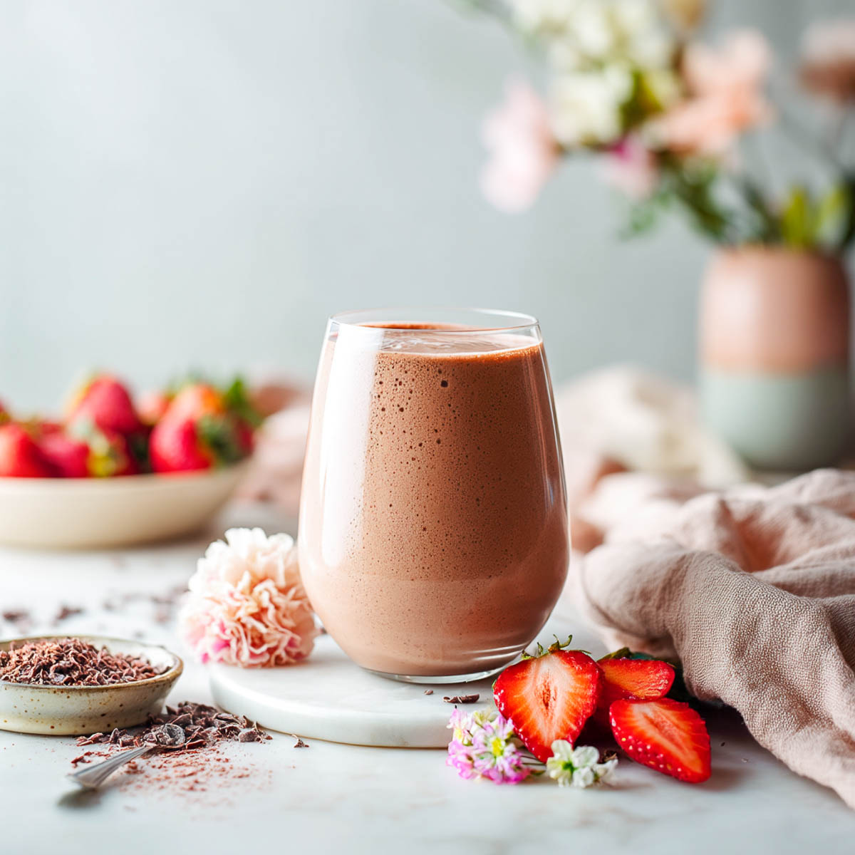 Chocolate strawberry smoothie topped with cacao and berries on marble surface.