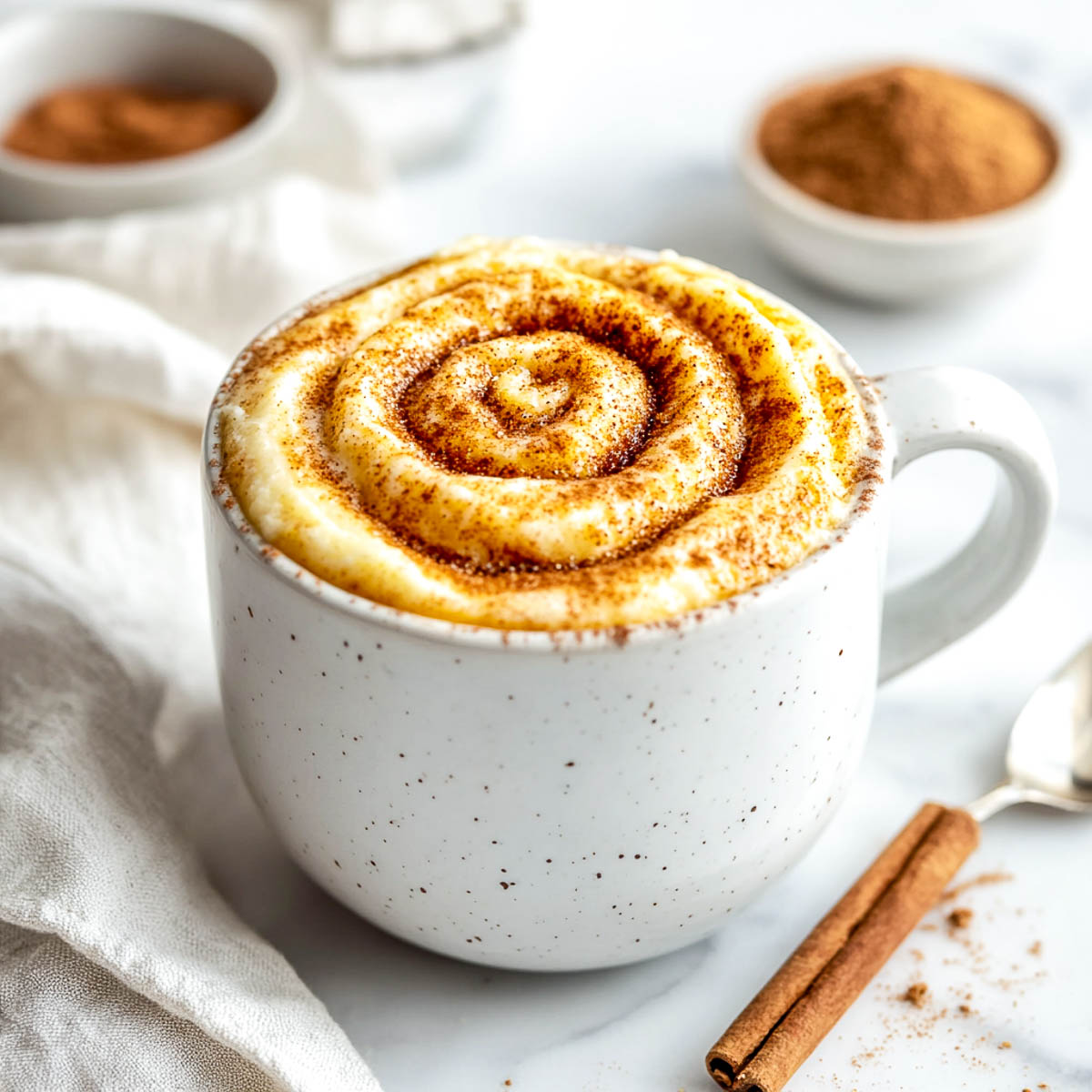 Cinnamon roll mug cake with visible cinnamon sugar swirl in white mug.